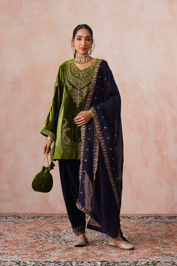 Golden Olive Velvet Embroidered Kurta Set with Navy Dupatta — INCHING INDIA
