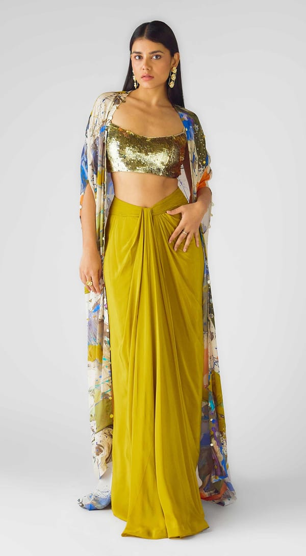 Lime Sequin Bustier, Draped Maxi Skirt and Cape Set — Basanti Kapde aur Koffee