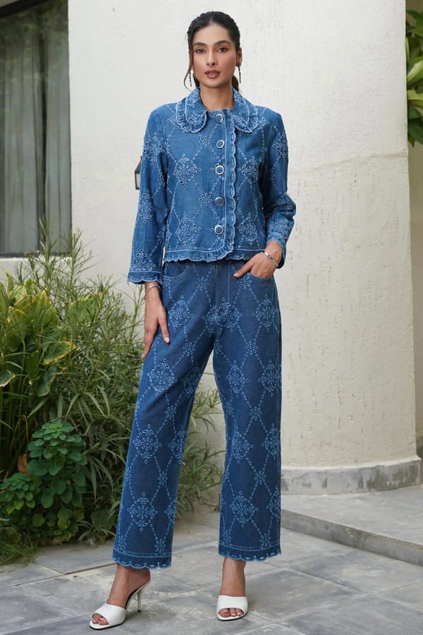 Blue Denim Schiffli Shirt and Wide-Leg Pants Co-ord Set — STITCH STORIES