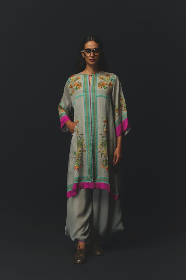 Grey Printed Straight Kurta Set with Contrast Borders — Basil Leaf