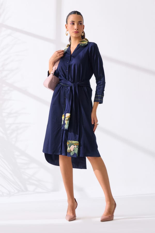Navy Cotton Satin Belted Shirt Dress with 3D Embroidery — Our Love