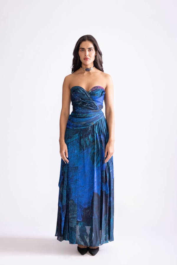 Blue Daisy Print Strapless Maxi Dress — Saaksha and Kinni