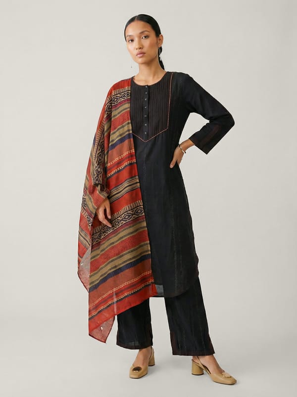 Black Straight Kurta Set with Pintuck Panel and Dupatta — SAUNDH
