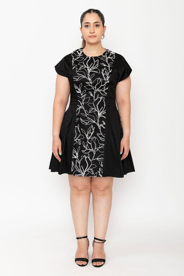 Black Embroidered Fit and Flare Mini Dress — Contemponari
