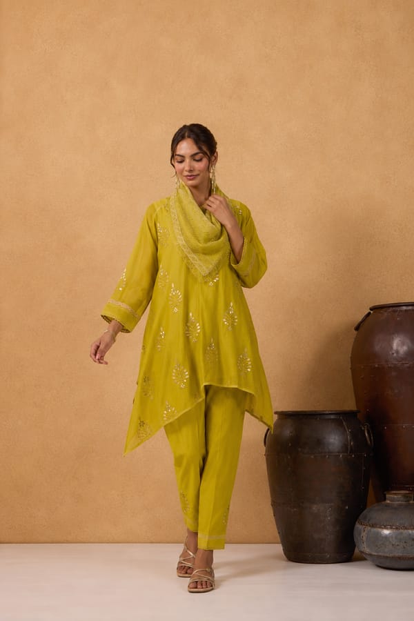 Asymmetric Embroidered Cowl Tunic Set in Lime Green — Omi Clothing