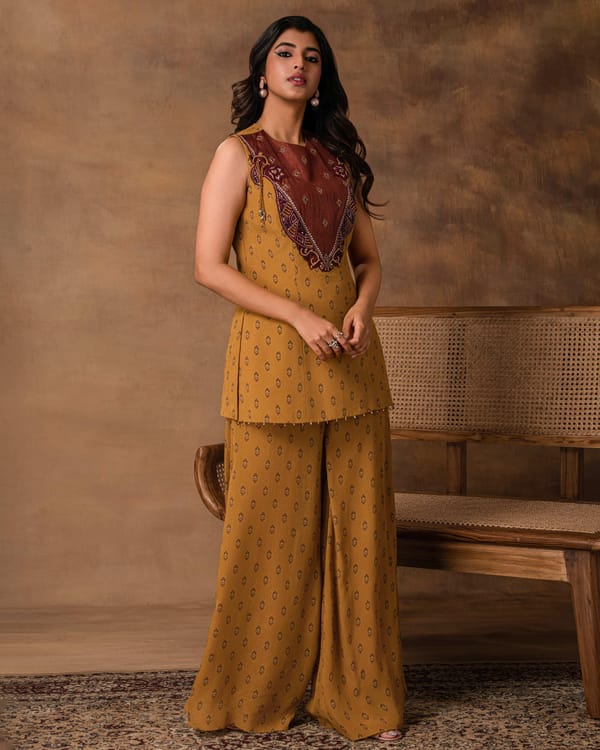Taraab Mustard Gold Crepe Peplum Co-Ord Set — ISHA GUPTA TAYAL
