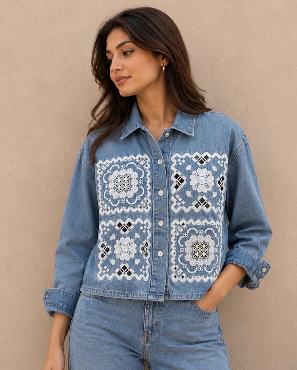 Geometric Motif Denim Shirt — CLOSET AFFAIR