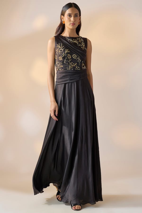 Black Satin Georgette Embroidered Maxi Gown — EWOKE STUDIO