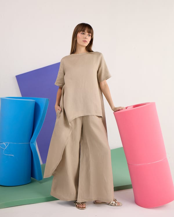Taupe Linen Asymmetric Tunic and Wide-Leg Co-ord Set — AUR