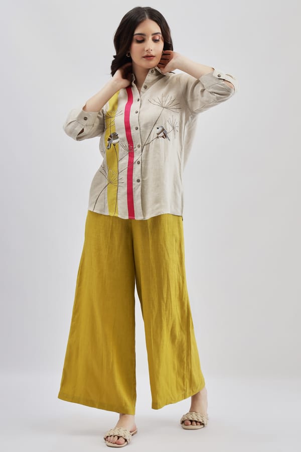 Lime Linen High-Rise Wide-Leg Trousers with Tie Belt — Linen Bloom