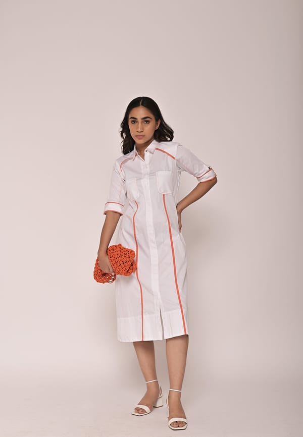 White/Orange Cotton Satin Midi Shirt Dress — Escape By Aishwarya