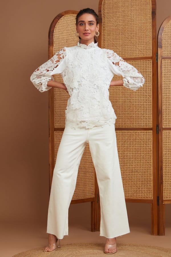 Snow White Lace Blouse and Palazzo Co-ord Set — BOHO-CHIC