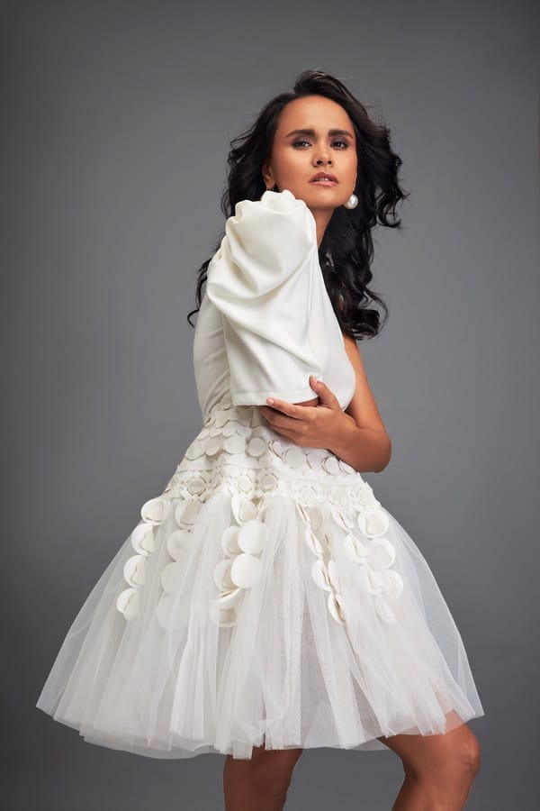 One-Shoulder Tulle Dress with 3D Embellishments — Deepika Arora