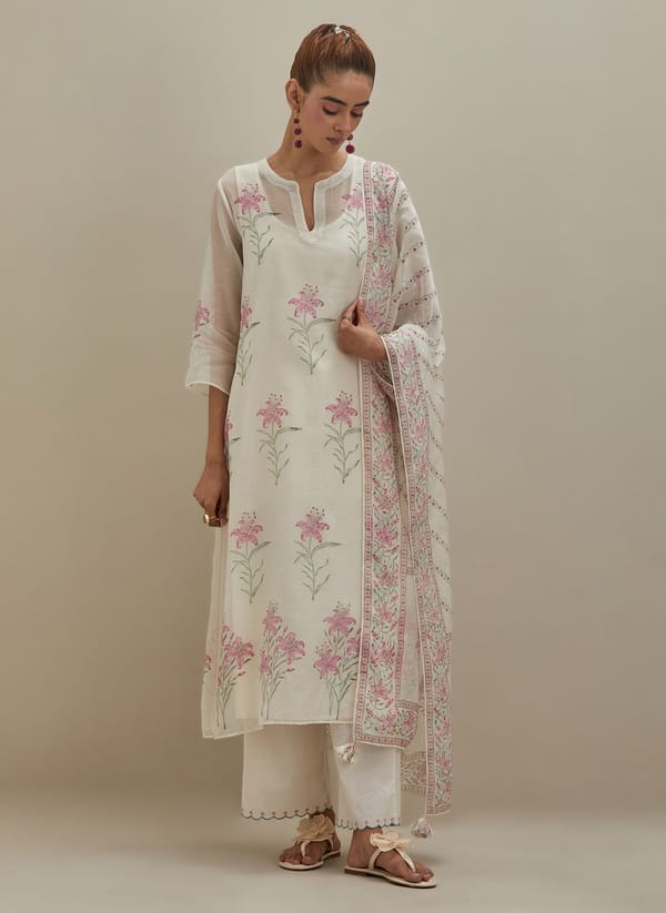 Off White Chanderi Straight Kurta Blocks Print — Upavita