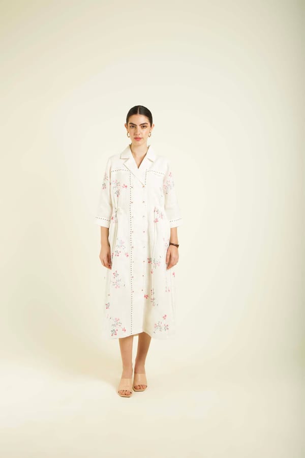 Ivory Printed Side-Gathered Linen Shirt Dress — Arcvsh Pallavi Singh