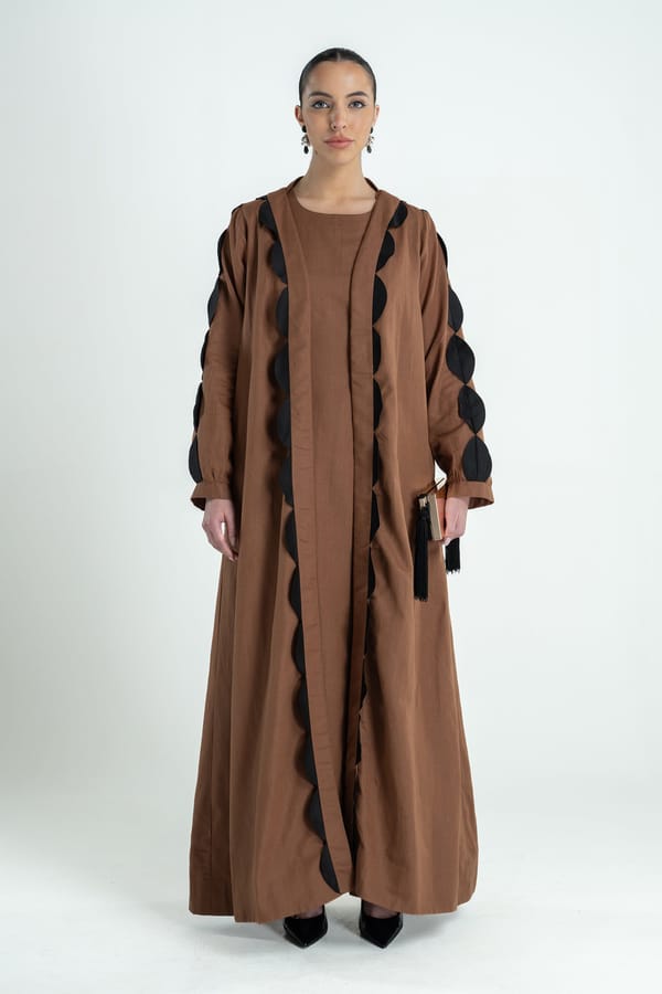 Tan Linen Maxi Dress and Abaya Overlay Set with Applique — Our Love