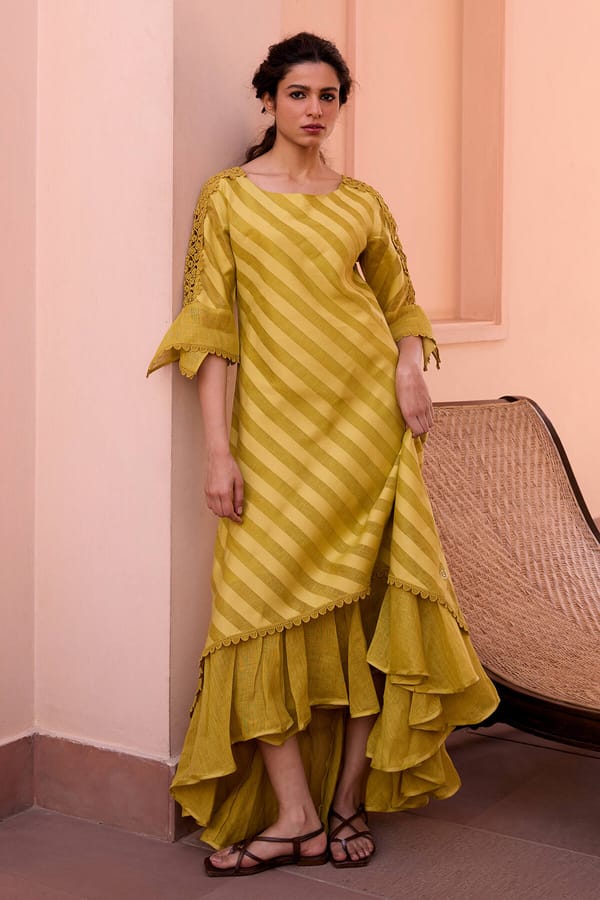 Mehndi Green Striped High-Low Midi Dress with Lace Trim — YELL