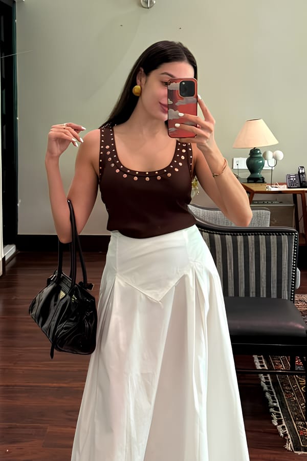Medium Brown Ribbed Stud-Trim Scoop Neck Tank Top — SALSA JEANS