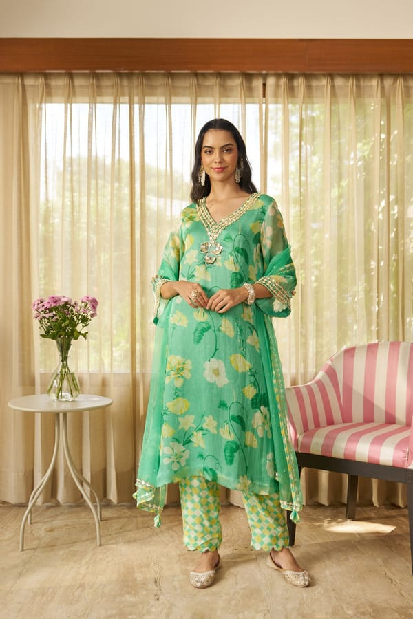 Mint Green Floral Organza Kurta Set with Embellished V-Neck — SURABHI ARYA