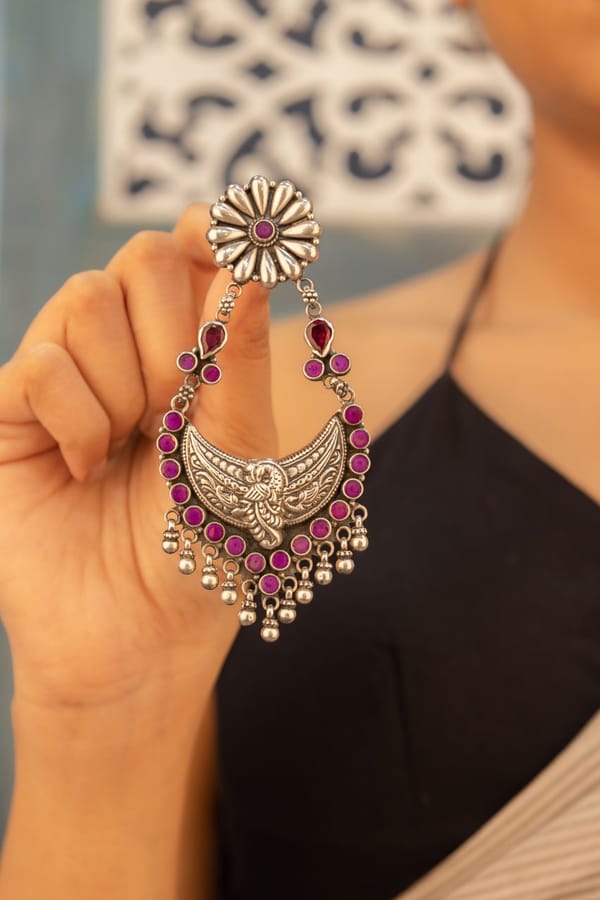 Tattva Peacock Motif Flower Embossed Jadau Statement Earring — Shyle