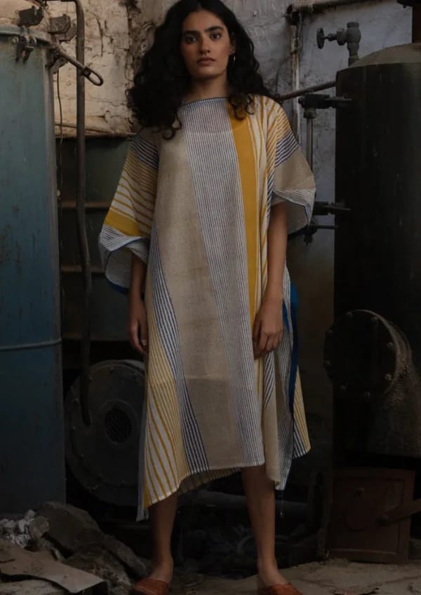 Blue and Mustard Striped Cotton Kaftan — Banana Labs