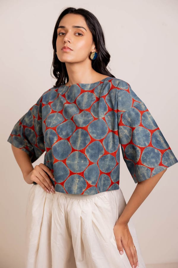 Red Indigo Block Print Polka Dot Cropped Boxy Top — Vraj Bhoomi