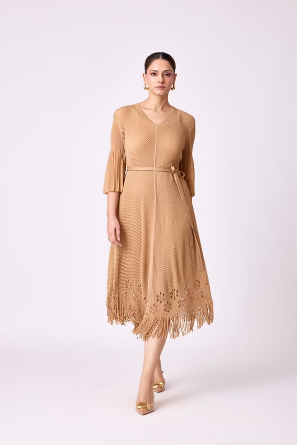 Mocha Pleated A-Line Midi Dress with Cutwork Fringe Hem — Scarlet Sage