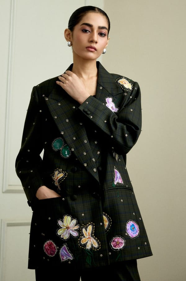 Green Checked Tailored Blazer with Floral Applique — THE FINICKY COLORIST