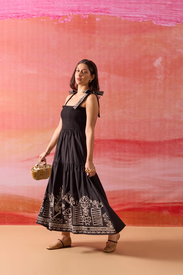 Black Smocked Tiered Midi Dress with Contrast Hem Embroidery — Label Ruiaan