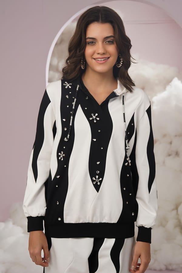 Black/White Stone-Embellished Pullover Hoodie — Chöjé