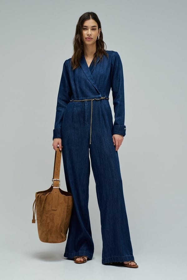 Dark Wash Wrap V-Neck Wide-Leg Jumpsuit — SALSA JEANS