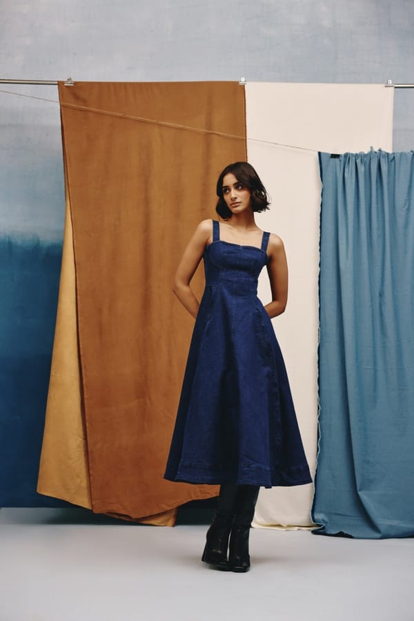 Midnight Indigo Corset Denim Fit and Flare Midi Dress — quietBOLD