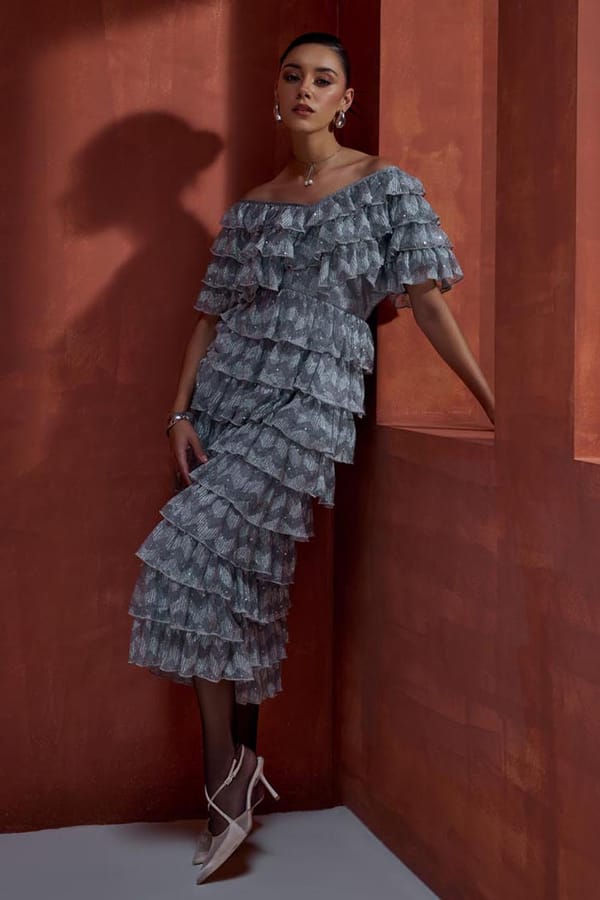 Silver Metallic Off-Shoulder Tiered Ruffle Midi Dress — BOHO-CHIC