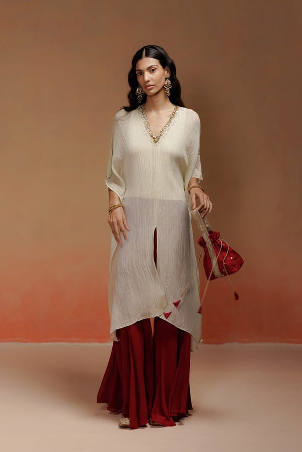 Gold Kaftan Kurta and Maroon Sharara Co-ord Set with Slip — LABEL NAARITI