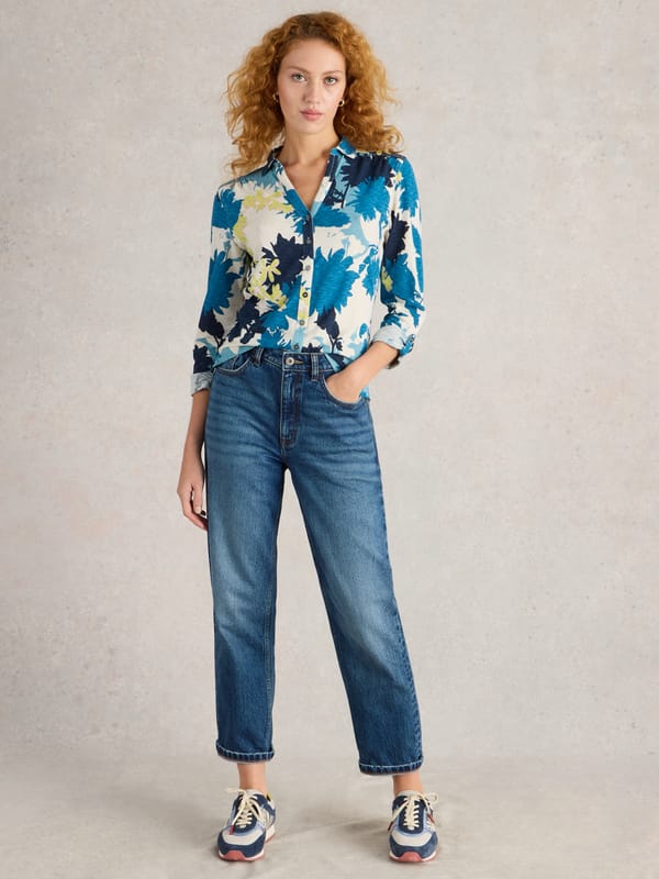 White and Blue Floral Print Jersey Shirt — White Stuff