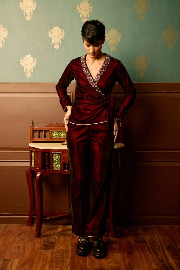 Maroon Micro Velvet Wrap Jumpsuit with Embellished Lapel — Reeti Arneja