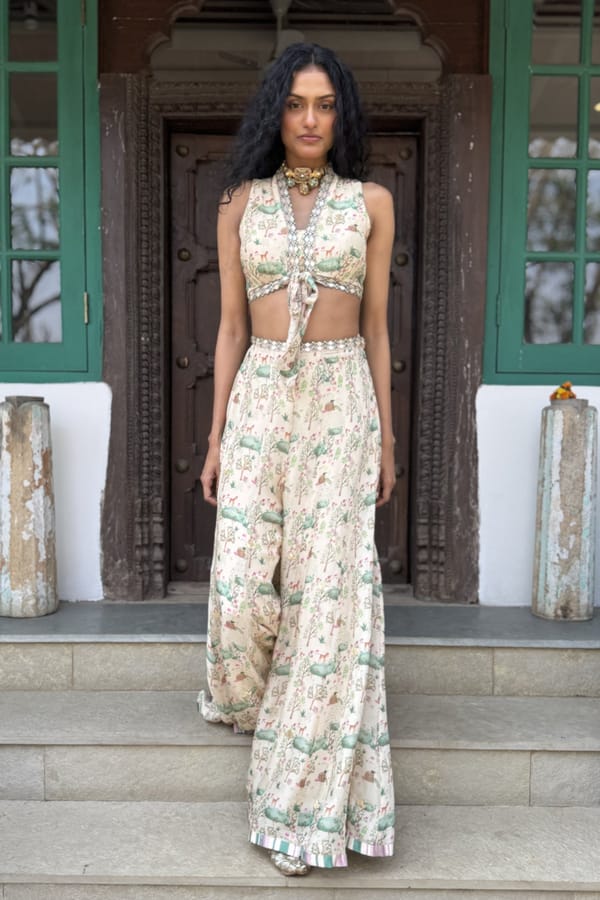 Beige Printed Chiffon Halter and Palazzo Co-ord Set — Basil Leaf