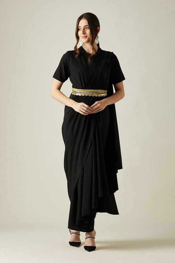 Black Pleated Saree Drape Maxi Dress with Gold Belt — Aakaar