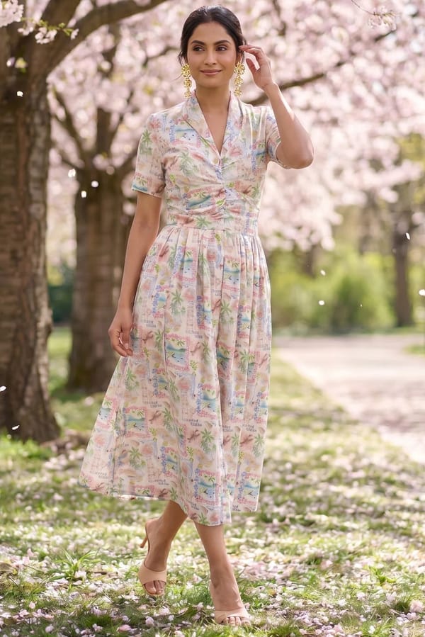 White Multicolor Tropical Print Ruched Bodice Midi Dress — Western Era