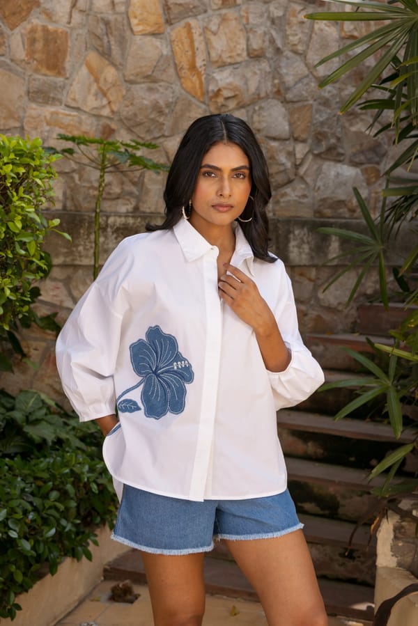 White Poplin Relaxed Fit Shirt with Denim Applique — Eko Clothing