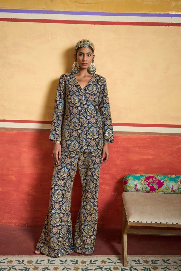 Ink Blue Zari Brocade Kurta Set with Flared Trousers — TASUVURE