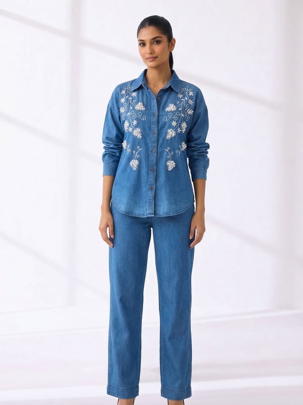 Blue Denim Embroidered Shirt and Trouser Co-ord Set — MISS ALLOS