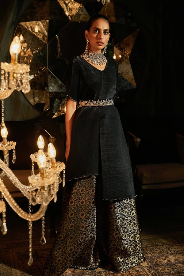 Jade Black Asymmetrical Top and Brocade Ghagra Co-ord Set — TASUVURE