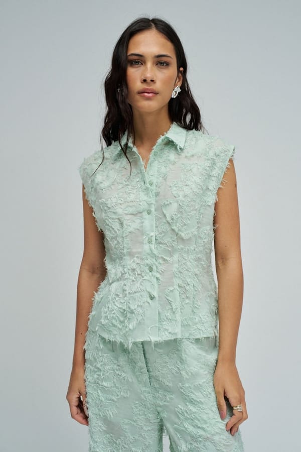 Light Green Textured Sleeveless Button-Down Shirt — SALSA JEANS