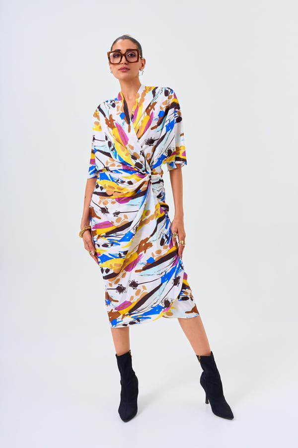 Multicolor Abstract Print Wrap-Style Midi Dress — KOR
