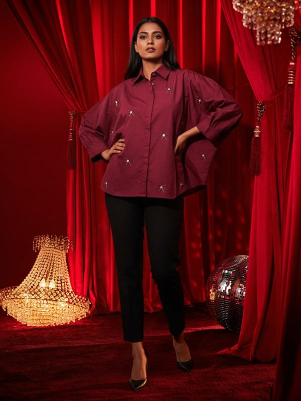 Maroon Poplin Embellished Button-Down Shirt — HOUSE OF FETT