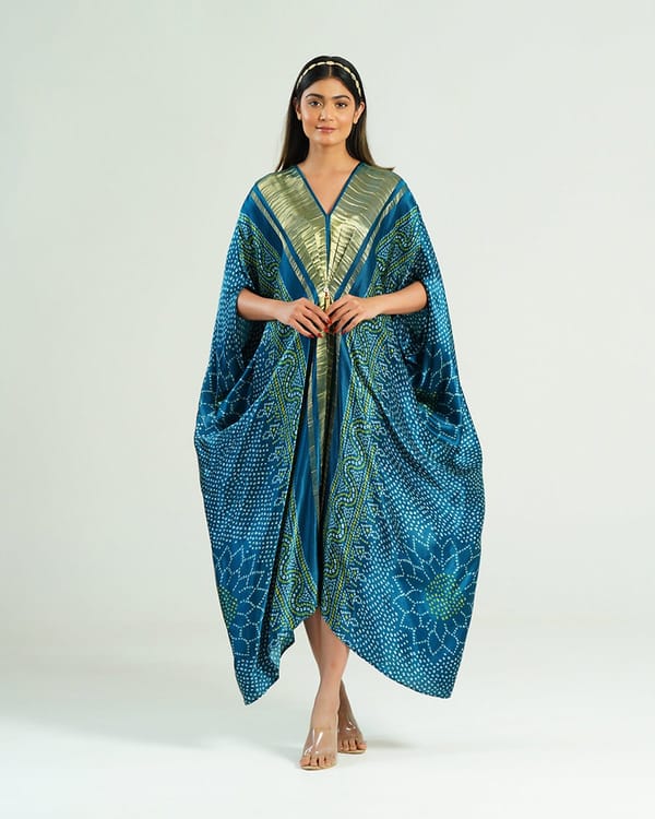Teal Blue and Gold Bandhej Print Satin Kaftan — Mayura Kumar
