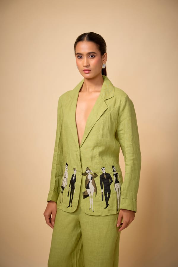 Pista Green Linen Blazer with Hem Artwork — Linen Bloom