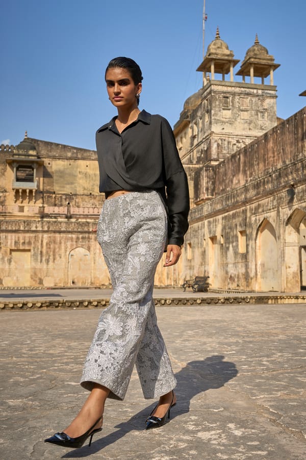 Silver Metallic Embroidered Wide-Leg Trousers — Dash and Dot