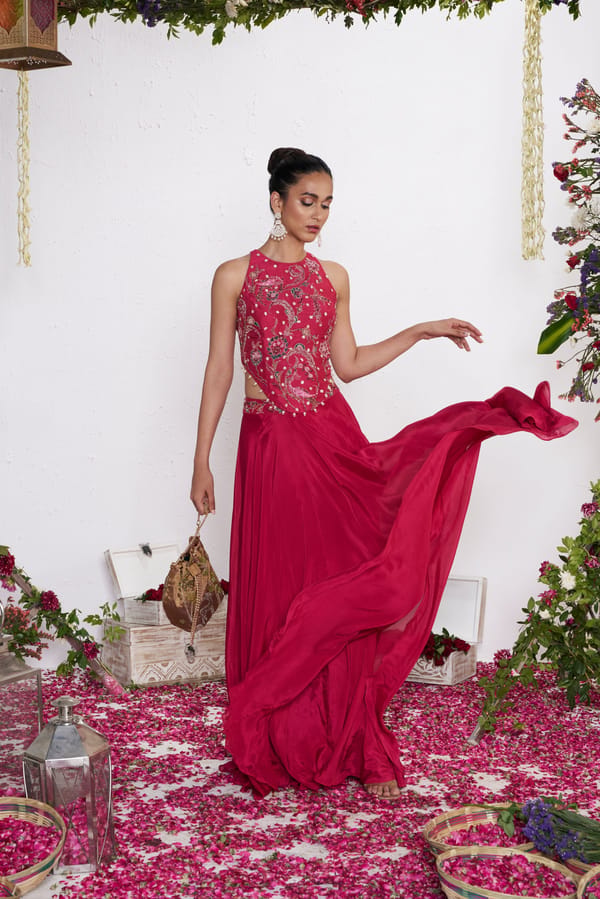 Pink Embroidered Backless High-Neck Lehenga Set — AMRTA BY GUNEET KONDAL